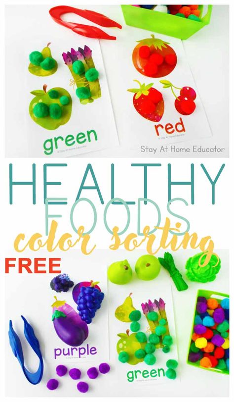 FREE Fruit and Veggie Color Sorting Mats - Stay At Home Educator Vegetable Lesson Plans For Preschool, Foods That Contain Calcium, Prek Science, Display Tables, Activity For Preschoolers, Homeschool Hacks, Sorting Mats, Nutrition Activities, Toddler Class