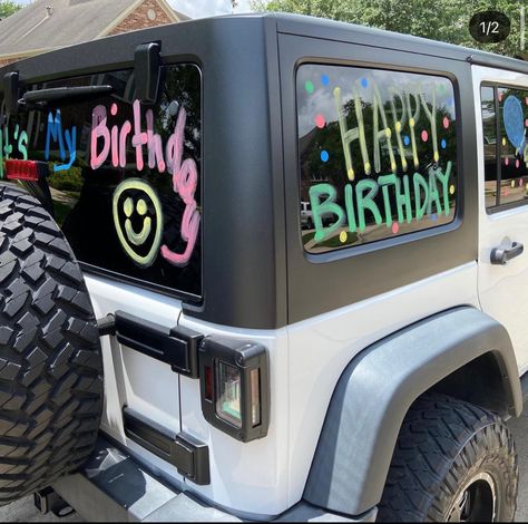 Car Markers Window Ideas Birthday, Car Window Birthday Messages, Sweet 16 Car Window Paint, Car Chalk Window Ideas Birthday, Birthday Car Window Writing, Car Window Marker Ideas, Car Markers Window Ideas, Car Chalk Window Ideas, Decorated Car For Birthday