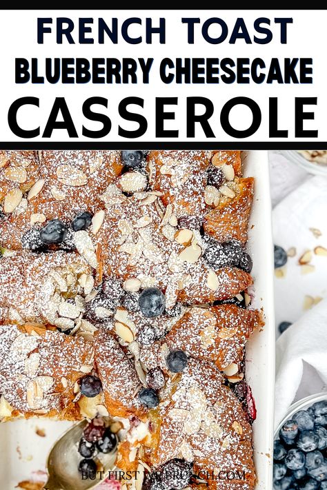 This recipe for Blueberry Cheesecake French Toast Casserole is a combination of almond croissants and dolloped with a tasty cheesecake mixture in the middle, topped it with juicy blueberries, and baked it up with a sweetened custard for a cheesecakey, French Toasty, fruity breakfast or brunch dish you will absolutely devour! Blueberry Croissant French Toast, Cheesecake French Toast Casserole, Blueberry Cheesecake French Toast, Cheesecake Casserole, Blueberry Croissant Bake, Croissant French Toast Bake, French Toast With Berries, Blueberry Croissant, Make Ahead French Toast