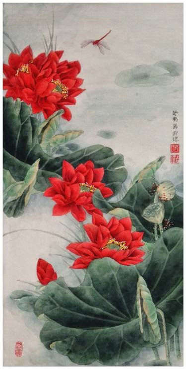 Saatchi Art Artist Qin Shu; Painting, “Original Chinese Gongbi Painting - Red Lotus Flower in the Sunshine” #art Lotus Painting, Red Lotus, Chinese Art Painting, Hand Embroidery Kits, Lotus Art, Chinese Brush Painting, Asian Painting, Art Asiatique, Art Japonais