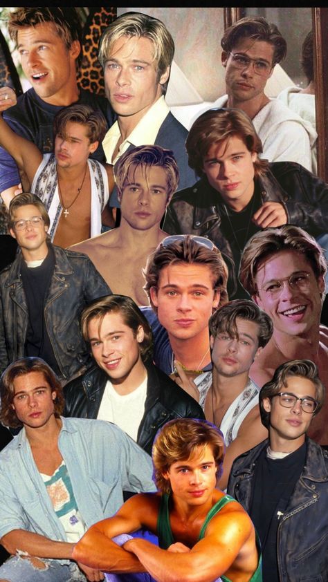 Young Brad Pitt Aesthetic, Brad Pitt Collage, Brad Pitt 90s Aesthetic, Brad Pitt 90s Wallpaper, 90s Actors Aesthetic, Brad Pitt Wallpaper Aesthetic, Brad Pitt Aesthetic, Bead Pitt, Pitt Aesthetic