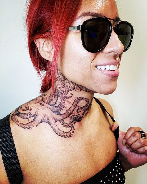 Octopus Throat Tattoo, Octopus Neck Tattoo, Octopus Stomach Tattoo, Octopus Tattoos Neotraditional, Scary Octopus Tattoo, Gothic Octopus Tattoo, P Tattoo, Throat Tattoo, Octopus Tattoo