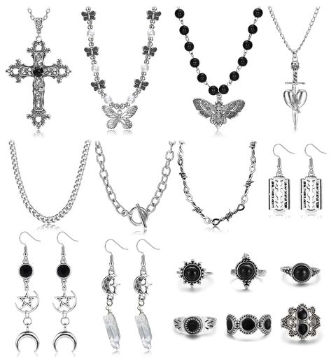 PRICES MAY VARY. PUNK JEWELRY SET: Include 7 Pcs Gothic Necklace,3Pcs Punk Emo Earrings.6Pcs Silver Grunge Ring.Different Styles Can Meet Different Needs.There Are Skull/ Heart /Y2k /Flame/Angel /Snake Etc element..Providing More Choices For Your Wear. SAFE MATERIAL:Grunge Jewelry Set Made Of High-Quality Alloy Materials. It Can Maintain The Color For a Long Time,Not Fade,Hypoallergenic,Lead And Nickel-Free.Comfortable After Prolonged Wearing Experience SUITABLE SIZE:Don't Worry About Size Issue Effy Stonem Bracelets, Hard Jewelry Brand, 90s Grunge Accessories, Acubi Earring, Witchcore Jewelry, Fairy Grunge Jewelry, Grunge Things, Emo Rings, Grunge Jewellery