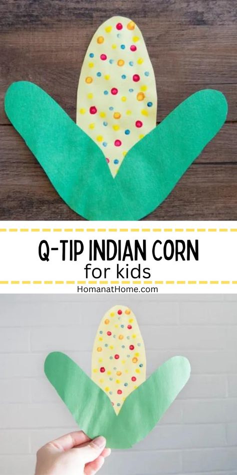 Use q-tips to paint ears of corn for your Thanksgiving decor. Super simple and perfect for todflers and preschool kids! Diy Indian Corn Crafts, Corn Art For Toddlers, Indian Corn Craft Preschool, Beaded Corn Craft For Kids, Indian Corn Art Projects For Kids, Indian Corn Craft, Decoration For Thanksgiving, Corn Craft, Thanksgiving Toddler