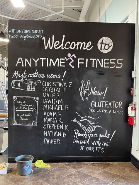 Anytime Fitness Chalkboard, Anytime Fitness Gym, Saturday Workout, Chalkboard Ideas, Gym Ideas, Anytime Fitness, Dining Room Storage, Chalkboard Art, Fitness Gym