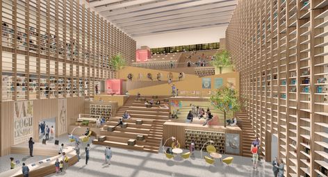 Gallery of BAF win National Library Tainan, Taiwan - 5 Library Atrium, Library Competition, Library Stairs, Tiny Library, Library Space, Tainan Taiwan, Lobby Ideas, Library Interior, Urban Design Concept