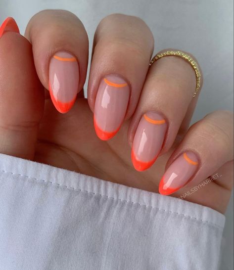 Single Color Almond Nails, Almond Nail Tip Designs, Fun Spring Nails Design 2024, Inverted French Nails, Nails Acrylic French Tip Color, Two Tone French Tip Nails, Two Color French Tip Nails, Short Almond Nails, Summery Nails