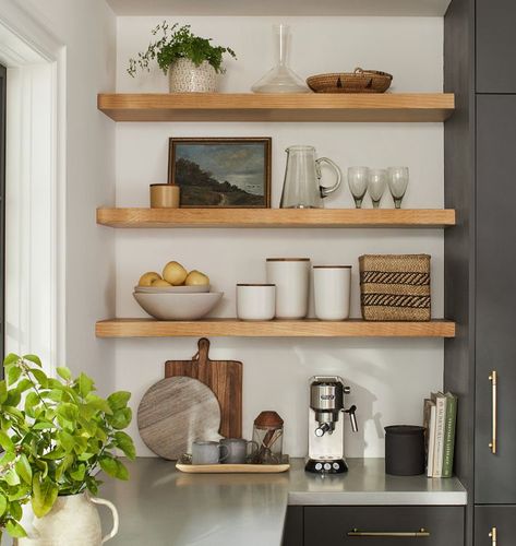 Floating Wood Shelf with 2" Height | Rejuvenation Contemporary Wall Shelf, Floating Shelf Kitchen, Kitchen Floating Shelves, Square Basket, Kitchen Shelf Decor, Floating Shelves Kitchen, Wall Shelf Decor, Kitchen Views, Wood Floating Shelves