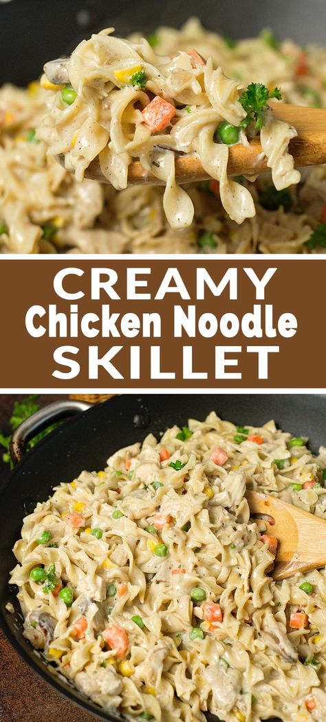 Chicken Noodle Skillet, Creamy Chicken And Noodles, Chicken And Egg Noodles, Creamy Chicken Noodle, Boiled Chicken Recipes, Creamy Chicken Pot Pie, Egg Noodle Recipes, Chicken Noodles, Skillet Dishes