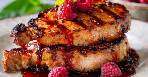 Grilled Raspberry Chipotle Pork Chops Raspberry Pork Chops, Chipotle Pork Chops, Stuffin Muffins, Chipotle Pork, Food Truck Party, Raspberry Chipotle Sauce, Clean Grill Grates, Meat Gifts, Best Pork Chop Recipe