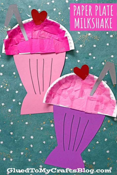 Paper Plate Milkshake - Kid Craft Idea For Valentine's Day Sweet Treats Crafts For Preschool, Summer Food Crafts For Kids, Candy Theme Crafts, Pink Day Crafts For Kids, Color Pink Crafts For Preschoolers, Pink Crafts For Toddlers, Sweet Treat Crafts For Toddlers, Pinkalicious Craft Preschool, Milkshake Craft Preschool