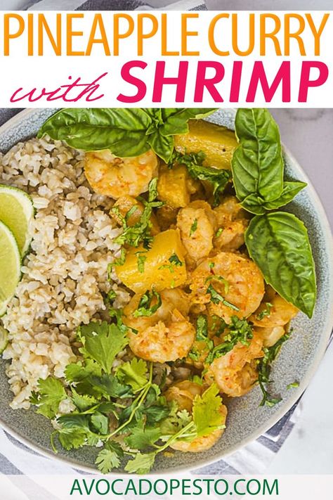 This pineapple curry with shrimp is a spicy, sweet, salty, savory curry that is bursting with Thai flavors and ready in under 30 minutes. This recipe is made with easily purchased ingredients substituting a couple more authentic Thai ingredients with ones available in your local grocery store. Gluten Free and Dairy Free. | @avocadopesto #shrimprecipes #glutenfreerecipes #glutenfreediet #shrimpbowl #pineapplecurryrecipe #healthyrecipes Pineapple Curry Recipe, Thai Ingredients, Thai Flavors, Refined Sugar Free Desserts, Pineapple Curry, Avocado Pesto, Local Grocery Store, Sugar Free Desserts, Quick Dinner Recipes