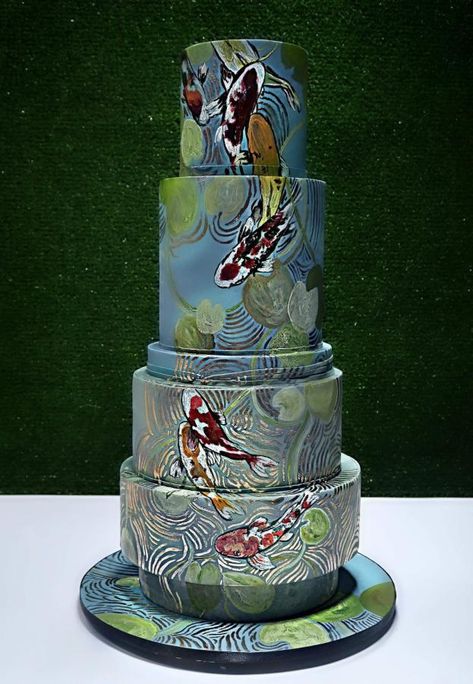 Chinese 70th Birthday Cake - Koi Pond - cake by Jackie Florendo Thing Aesthetic, Pond Cake, Professional Cakes, Wedding Cake Art, Bakery Art, Asian Inspired Wedding, Patty Cake, Teen Cakes, 70th Birthday Cake