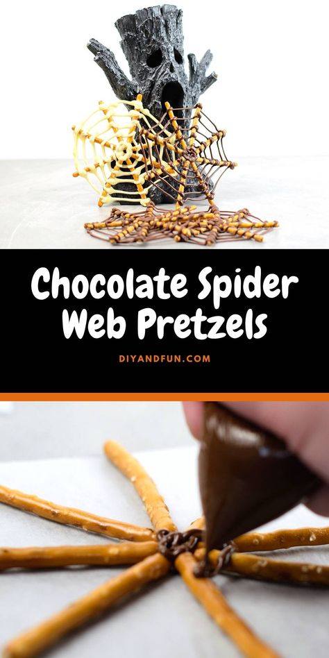 Chocolate Spider Web Pretzels, A simple Halloween Inspired recipe idea for making spider webs using chocolate and pretzels. Chocolate Pretzels Halloween, Edible Spider Web, Pretzel Spider Webs, Oreo Spider Cookies, Chocolate Spider Web, Chocolate And Pretzels, Oreo Spiders, Spider Food, Spider Web Cookies