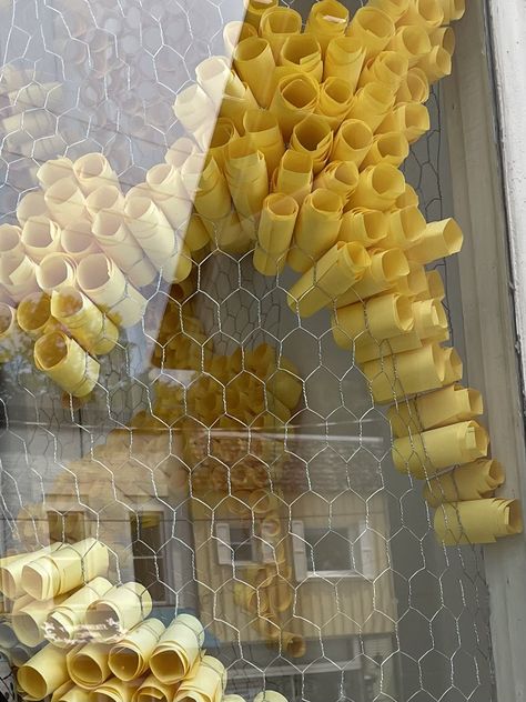 Yellow Window Display, Bee Window Display, Honeycomb Classroom, Magnified Vbs 2025, Anthropology Display, Fall Window Displays, Bee Backdrop, Vbs Magnified, Prom Activities