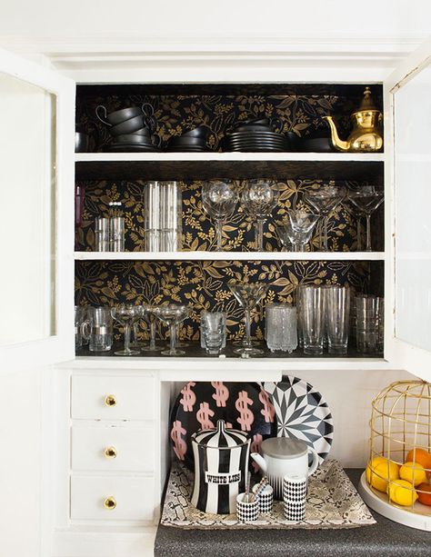 Wallpaper For Inside Kitchen Cabinets, Painted Inside Kitchen Cabinets, Wallpaper Glass Cabinet, Wallpaper Cabinet Interior, Cabinet With Wallpaper Inside, Wallpaper Inside Kitchen Cabinets, Wallpaper In Kitchen Cabinets, Built Ins With Wallpaper Backing, Bookshelves With Wallpaper Backing