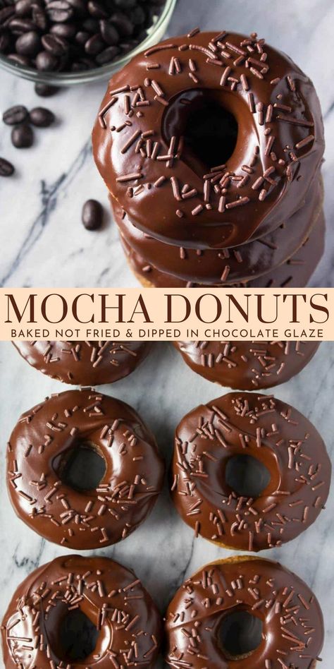 These mocha doughnuts are baked instead of fried for a moist cake doughnut. They have a delicious coffee flavor with chocolate glaze #mocha #donuts #doughnuts #chocolateglaze #baked #coffee from Just So Tasty https://www.justsotasty.com/baked-mocha-doughnuts/ Baked Coffee Donut Recipes, Coffee Donut Recipe, Coffee Cake Donuts Baked, Air Fryer Chocolate Donut Recipes, Old Fashioned Glazed Donut Recipe, Coffee Baking Recipes, Doughnut Flavor Ideas, Chocolate Glaze For Donuts Recipe, Donut Frosting Recipe