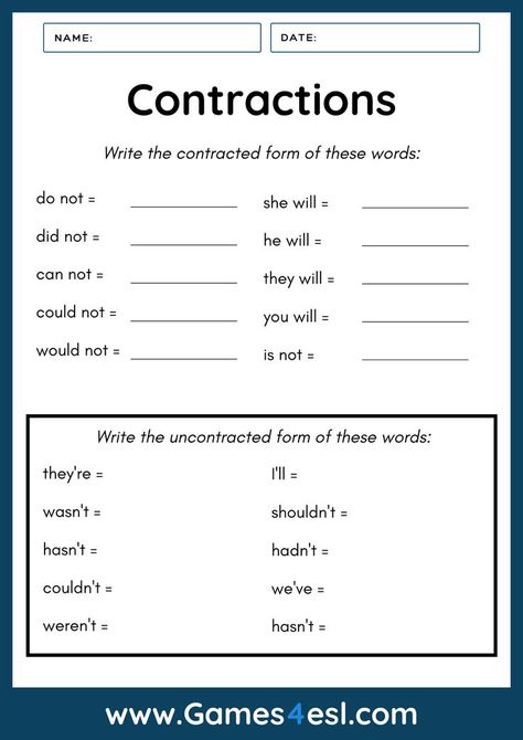 Contractions First Grade, Learn Sign Language Free, Teaching Contractions, Contractions Worksheet, Esl Worksheets For Beginners, Easy Math Worksheets, Free Printable Alphabet Worksheets, First Grade Reading Comprehension, 5th Grade Worksheets