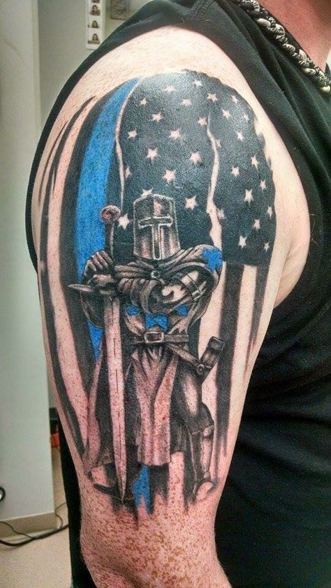 Sheriff Tattoo Ideas, Good Over Evil Tattoo, Police Officer Tattoo, Cop Tattoos, Law Enforcement Tattoos, American Flag Sleeve Tattoo, Punisher Tattoo, Police Tattoo, Shoulder Armor Tattoo