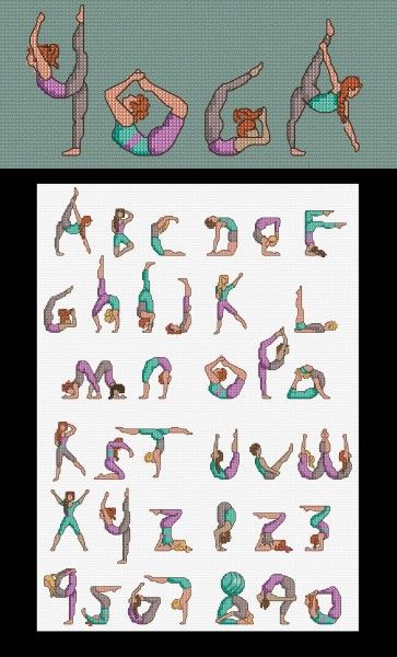 Yoga Alphabet, Yoga Cross Stitch, Yoga Party, Cross Stitch Books, Stitch Book, Cross Stitch Pictures, Cross Stitch Alphabet, Cross Stitch Cards, Bobble Stitch