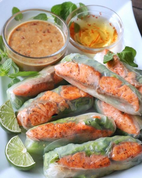 Salmon Rice Rolls, Vietnam Spring Roll, Vietnamese Salmon, Vietnam Roll, Salmon Spring Rolls, Vietnamese Rice Paper Rolls, Salad Roll, Pea Sprouts, Salmon Wrap