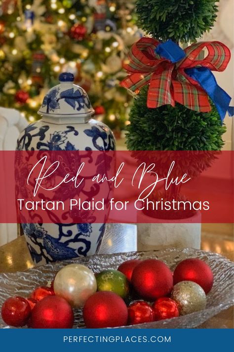 This preppy Christmas look is a classic Christmas look for your home. Perfect for blue and white decor, this red tartan plaid is the perfect Christmas ribbon for this traditional Christmas look. It's perfect with blue and white ginger jars for a classic Chinoiserie Christmas. Blue And White Tartan Christmas, Chinoiserie And Plaid Christmas, Tartan And Chinoiserie Christmas, Red And Blue Christmas Decor, Blue White Christmas Decor, Blue And Red Christmas Decor, Tartan Christmas Table, Christmas Happies, Southern Christmas Decorations