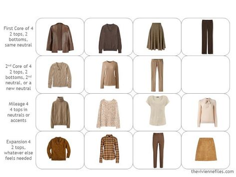 Four by Four wardrobe in brown, beige and orange Brown Capsule Wardrobe, Casual Neutral Outfits, Warm Fall Outfits, The Vivienne Files, Vivienne Files, Capsule Wardrobe Outfits, Fashion Capsule Wardrobe, Deep Autumn, January February March