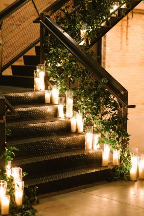 Fall Loft Wedding, Staircase Candles Wedding, Candle Entrance Wedding, Fall Mansion Wedding Decor, Candle And Flower Wedding Decor, Fairlie Chicago Wedding, Indoor Candlelight Wedding, Wedding Locations Indoor, Staircase Decoration Wedding