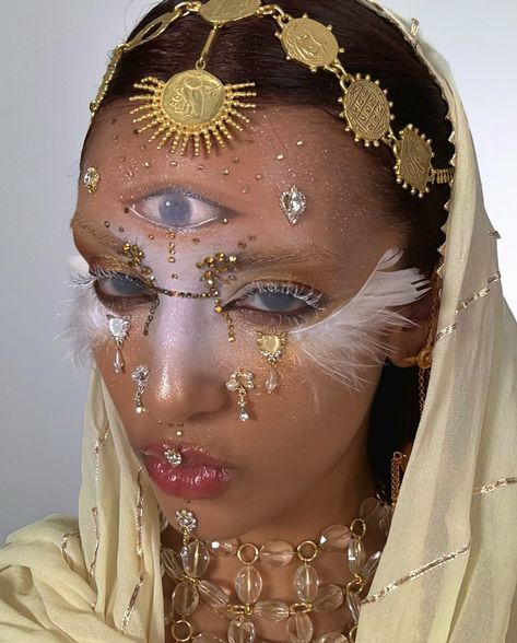 Biblically accurate angel 👼🏽 🪽 🌟✨ THIS TOOK FOREVERRRRR @embellishbyrowi rhinestones all over the face, look details to come ✨✨✨✨ #halloweenmakeup #editorialmakeup Angel Like Makeup, Crying Angel Makeup, Biblical Angel Makeup, Virgin Mary Makeup, Cherub Makeup, Biblically Accurate Angel Makeup, Ethereal Makeup Goddesses, Angelcore Makeup, Angel Makeup Ideas