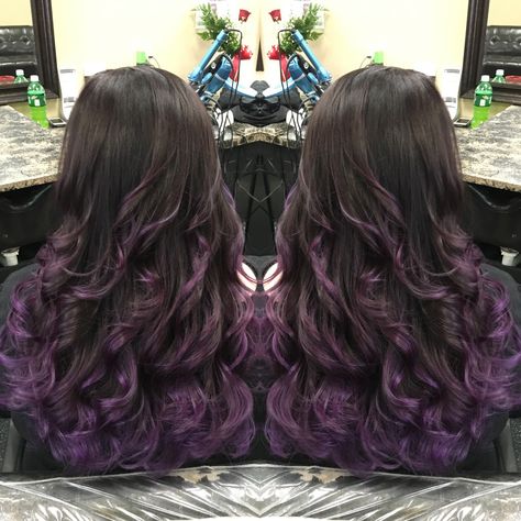 Long Brown Hair With Purple Tips, Purple Brunette Hair Color, Purple Baylage Hair Brunettes, Dark Purple Balayage Brunettes, Brown To Purple Balayage, Purple Balayage Brunette, Purple Tips Hair, Purple Peekaboo Highlights, Purple Person