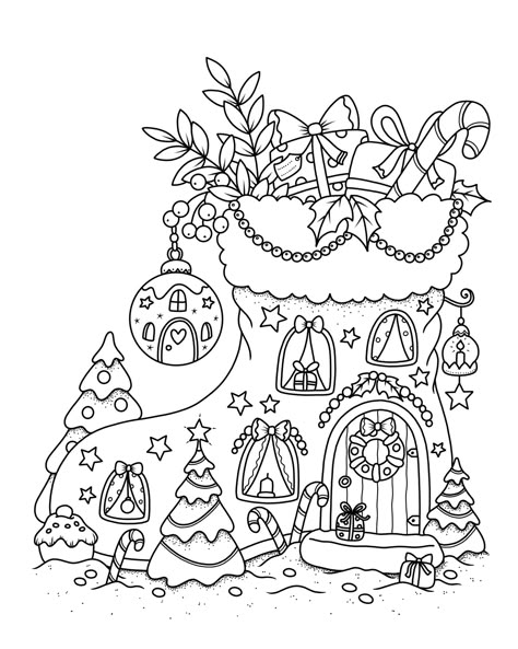 Village Charm Coloring Pages, Christmas House Coloring Page, Winter Colouring Sheets, Kawaii Christmas Coloring Pages, December Coloring Pages, Cute Christmas Coloring Pages, Kids Christmas Coloring Pages, Doodling Tutorial, House Quilt Patterns