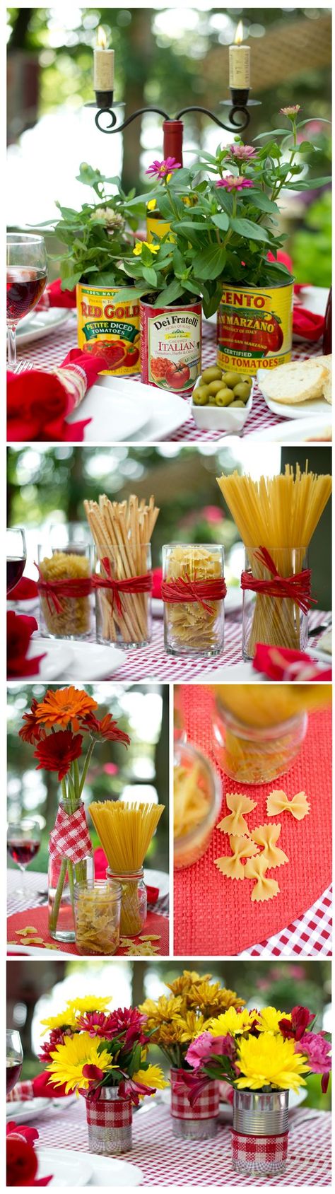 Budget Centerpiece Ideas for an Italian Dinner Theme You can use these for any party, not just a wedding rehearsal dinner. Budget Centerpieces, Italy Party, Italian Themed Parties, Italian Dinner Party, Italian Night, Italian Party, Pasta Party, Italian Theme, Spaghetti Dinner