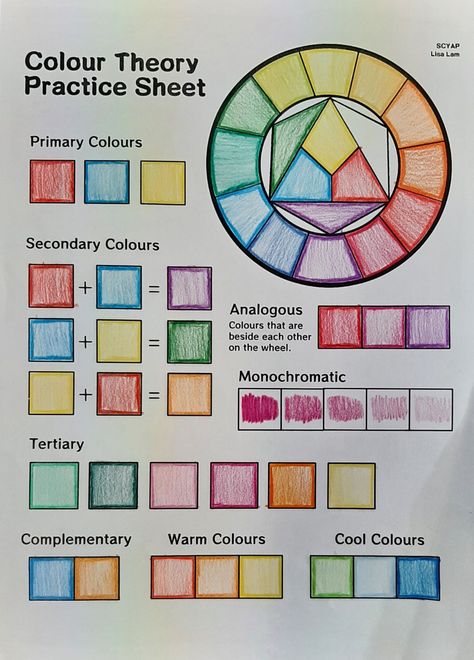 Colour Theory Practice, High School Art Worksheets Color Theory, Colour Theory Palette, Color Theory Practice Sheet, Color Art Lessons Middle School, Colour Theory Projects, Tertiary Colors Art Project, Colour Theory Art Page, Oil Pastel Lesson High School