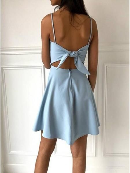 Cheap Satin A-line Homecoming Dresses Short Spaghetti Straps Gowns HD260 – BohoProm Cute Short Prom Dresses, Light Blue Homecoming Dress, Hoco Dress Ideas, Simple Party Dress, Grade 8 Grad, Wedding Dresses Near Me, Homecoming Dress Ideas, Simple Homecoming Dresses, Mini Prom Dresses