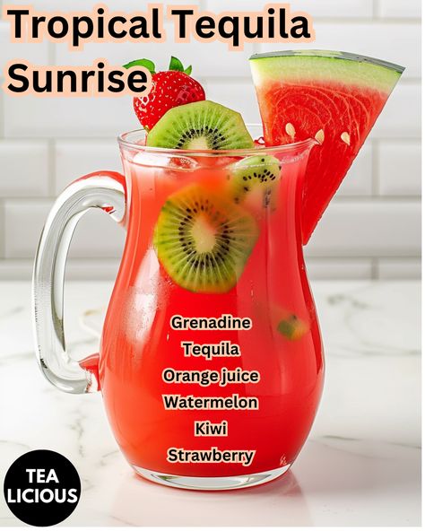 Tropical Tequila Sunrise Mexican Sunrise Drink, Alcoholic Slush Recipes, Alcohol Punch, Tequila Recipes, Pretty Alcoholic Drinks, Alcholic Drinks, Summer Drinks Alcohol, Mix Drinks, Cocktail Drinks Alcoholic