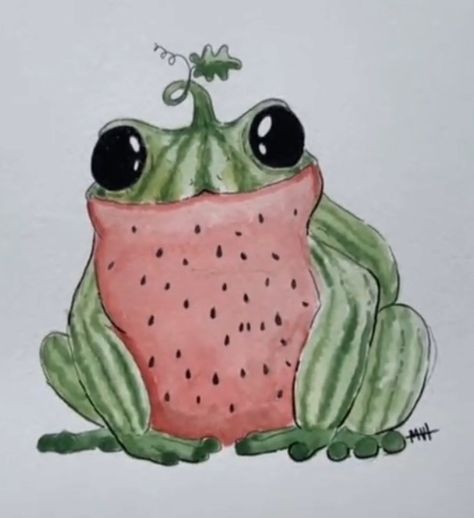 Strawberry Frog Drawing, Watermelon Frog, Ivory Owl, Watermelon Drawing, Strawberry Frog, Easy Doodle, Frog Drawing, Drawing Watercolor, Easy Doodle Art