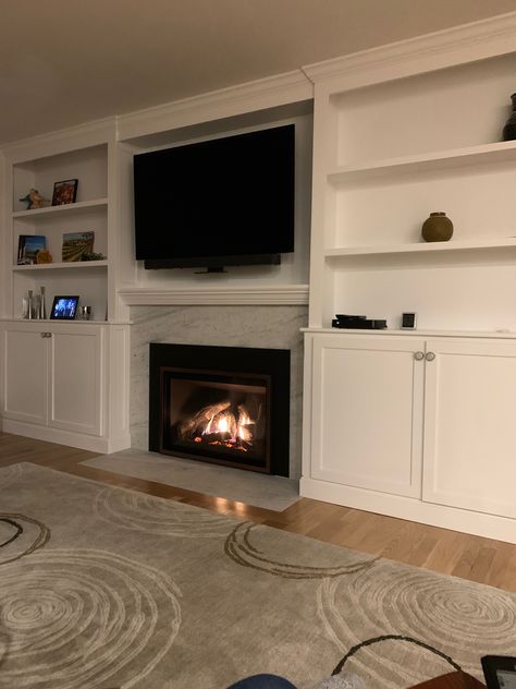 Recessed Fireplace With Built Ins, Fireplace With Cabinets, Fireplace Shelving, Living Room Built In Cabinets, Fireplace Options, Wall Units With Fireplace, Fireplace Bookcase, Fireplace Redo, Family Room Inspiration