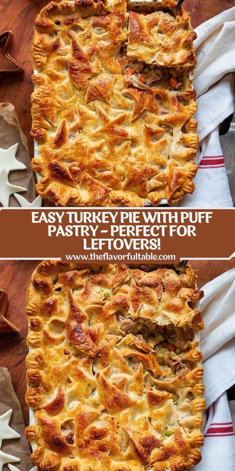 Don't let your holiday turkey go to waste! This easy turkey pie recipe is packed with creamy, savory goodness and topped with buttery puff pastry. Quick to make and absolutely delicious! Pin it for later! Pie With Puff Pastry, Leftover Gravy, Turkey Pie, Buffalo Chicken Soup, Shredded Turkey, Holiday Turkey, Easy Turkey, Thanksgiving Food Desserts, Pecan Pie Recipe