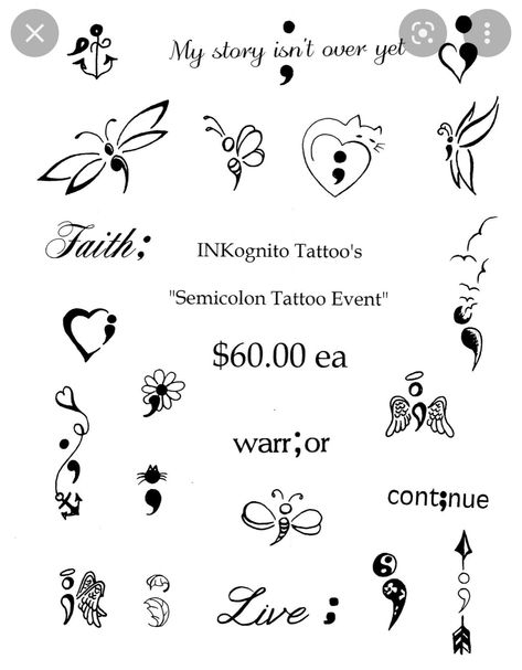 Pretty Tiny Tattoos For Women, Semi Colon Nail Design, Mother Daughter Semi Colon Tattoos, Daisy And Semicolon Tattoo, Dog Semicolon Tattoo, Semi Colon Finger Tattoo, Cute Semi Colon Tattoos, Semi-colon Tattoo Butterflies, Semicolons Aesthetic Butterfly