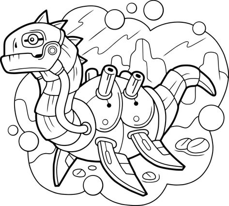 cartoon robot dinosaur plesiosaur, coloring book, outline illustration Robot Dinosaur, Robot Cartoon, Book Outline, Dinosaur Drawing, Outline Illustration, The Cartoon, T Rex, Coloring Books, Coloring Pages