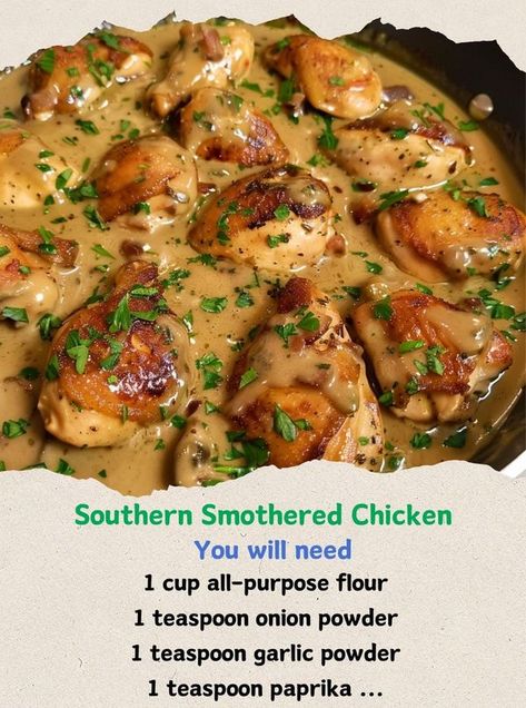 Southern Smothered Chicken, Recipes Southern, Southern Dinner, Gravy Ingredients, Smothered Chicken, Boneless Skinless Chicken, Boneless Skinless Chicken Breast, Family Recipes, Southern Recipes