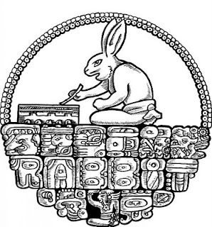 As for our scribe-Rabbit, his potential to inspire tangents of creativity is supported by the characteristics of rabbit or hare divinities of other cultures, where this creature often serves as a trickster, a prolific creator, a bringer of luck, a messenger, and, in the case of the Aztec’s four-hundred rabbit gods, a figure of drunken revelry. Aztec Rabbit, Aztec Serpent, Mesoamerican Art, Aztec Mythology, Supernatural Characters, Mayan Symbols, Human Oddities, God Tattoos, Mayan Art