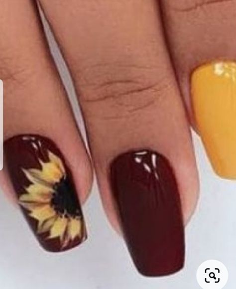 Brown Nails With Sunflower Design, Nail Ideas With Leaves, Maroon And Sunflower Nails, Red Nails With Sunflower Design, Fingernails Painted Fall, Autumn Sunflower Nails, Burgundy And Sunflower Nails, Sunflower And Rose Nails, Red Sunflower Nails