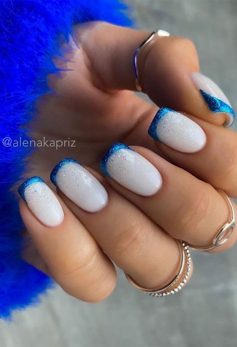 White With Blue Tip Nails, White Blue French Nails, White Nails With Blue Tips, Blue Nails With White Tips, Summer Manicure Ideas Gel, White And Blue French Tip Nails, White On White French Manicure, French Nails Art, Merlin Nails