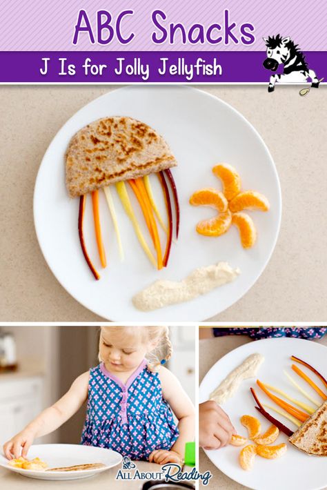 A fun kid's lunch or ABC snack for a preschooler! J is for Jellyfish Abc Snacks For Preschool, Abc Snacks, Alphabet Snacks, J Is For Jellyfish, Kindergarten Snacks, Letter J Activities, Classroom Cooking, Daycare Projects, Kids Cooking Activities