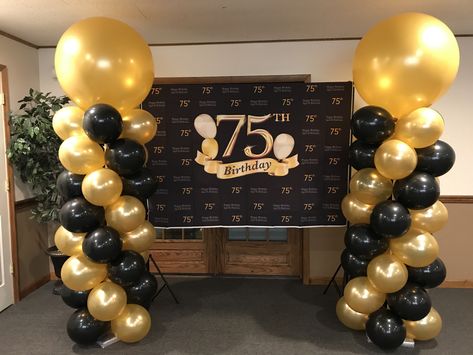 Balloon columns , gold and black, 75th Birthday 75 Party Decorations, Black And Gold 75th Birthday Ideas, 75th Birthday Centerpieces Ideas For Men, 75 Years Old Birthday Ideas Decor, 80th Birthday Balloon Arch, 75tg Birthday Ideas, 75 Birthday Theme Party Ideas, 75th Birthday Backdrop Ideas, 75 Birthday Centerpiece Ideas