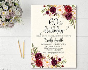 60th Birthday Invitation, Any Age Women Birthday Invitation, Floral Ivory Birthday Invitation, Boho Birthday Invite, #BW41-60 Bohemian Invitation, Bohemian Birthday, 90th Birthday Invitations, 70th Birthday Invitations, 80th Birthday Invitations, Milestone Birthday Party, Floral Birthday Invitations, Gift Table Signs, Boho Invitations