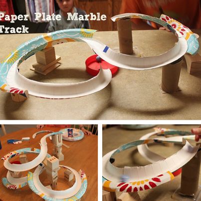 Paper Plate Marble Run: Using paper plates and other cardbard materials found in the home, create a marbel track with your child.  This activity promotes problem solving, flexibiity, and spatial awareness as you and your child discover how to keep the track stable and which design creates the fastest run. Ages 3-5. Paper Roller Coaster, Craft Paper Design, Coaster Projects, Spatial Reasoning, Spatial Awareness, Coaster Crafts, Marble Run, Stem Projects, Plate Crafts