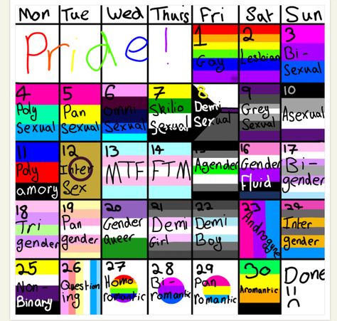 Y’all this is the 2018 pride calendar! Drawn by me, it’s not perfect but that’s ok Pride Calendar, Pride Month 2023, Gay Pride Quotes, Lgbtq Stuff, Lesbian Humor, Pride Quotes, Aesthetics Quote, Pansexual Pride, Notice Board