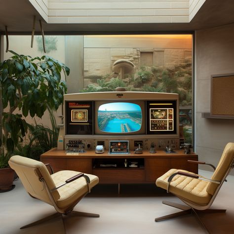 Retro Futurism Office Interior, Sci Fi Home Decor, 50s Futurism Interior Design, Retrofuturism Aestethic Interior, 70s House Interior Retro, 60s Interior Design 1960s Living Rooms, Mid Century Futurism, Retro Futurism Office, Retro Futurism Home